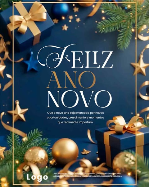 Cartão Feliz Ano Novo, Presentes Azuis E Dourados, Celebração Festiva Social Media PSD Editável