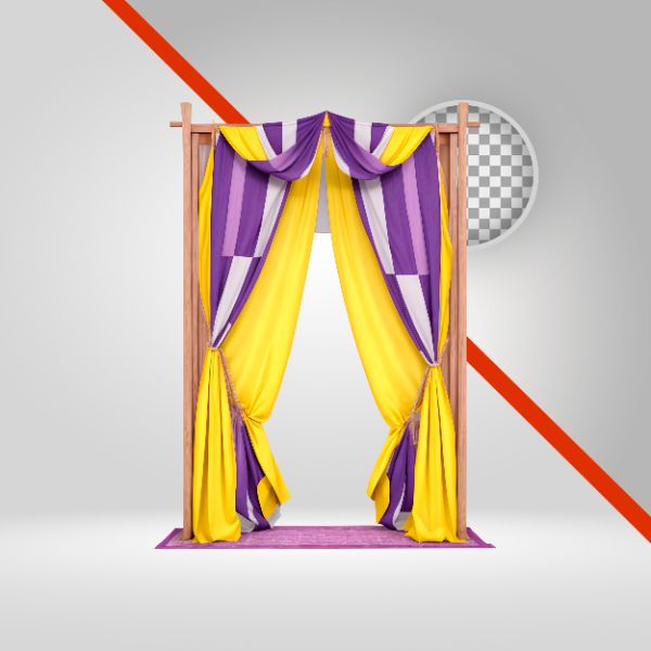 CORTINAS SÃO JOÃO 3D, ELEMENTO PNG, ARRAIÁ, FESTA JUNINA, JUNHO, FORRÓ, DECORAÇÃO PANO COLORIDO, ARCO DE MADEIRA, RURAL