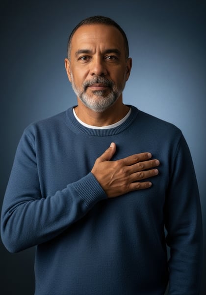 RETRATO DE HOMEM ADULTO COM MO NO CORAÇÃO SINCERIDADE HONESTIDADE E CONFIANÇA SUTER AZUL