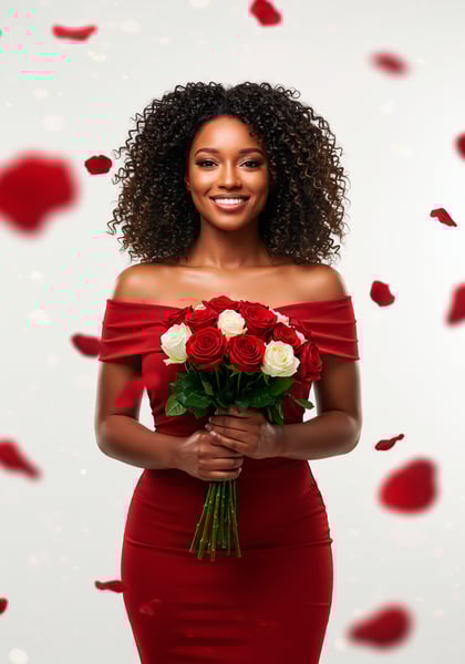 MULHER FELIZ SEGURANDO BUQUÊ DE FLORES PARA COMPOSIÇÃO 2