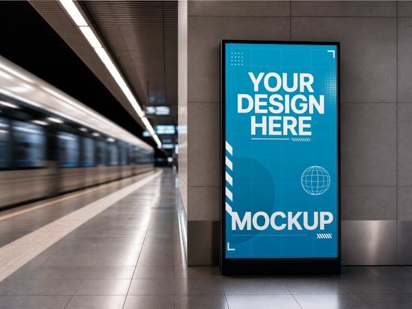 TELA DIGITAL MOCKUP NA PLATAFORMA DE METRO TREM EM MOVIMENTO