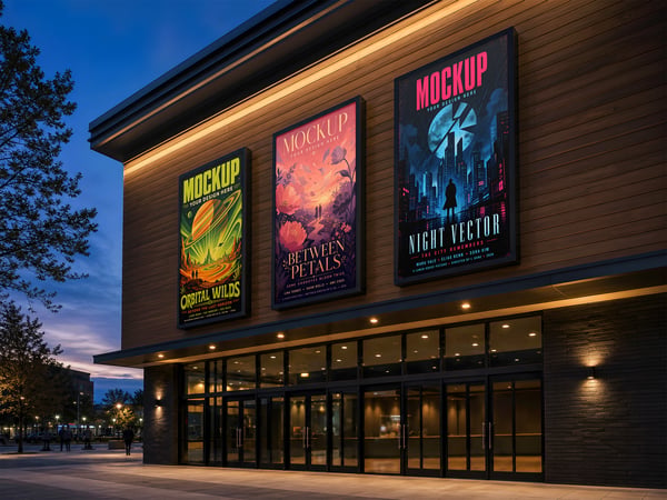POSTERS DE CINEMA MOCKUP NA FACHADA VISTA EXTERNA