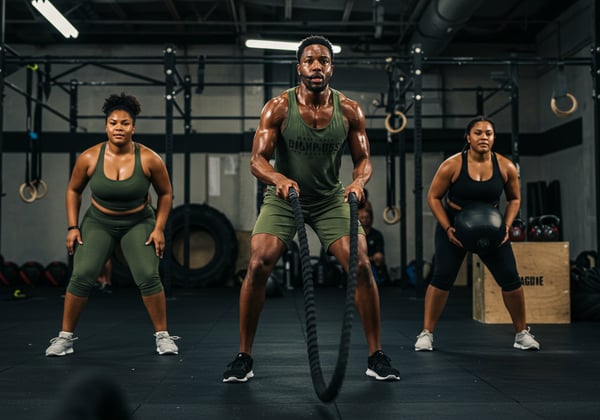 TREINO FUNCIONAL DE ALTA INTENSIDADE EM GRUPO NA ACADEMIA HOMEM COM CORDAS DE BATALHA E MULHERES AGACHANDO COM BOLA MEDICINAL FOCO E FORA