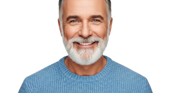 RETRATO DE HOMEM SÊNIOR FELIZ E SORRIDENTE COM BARBA BRANCA OLHOS AZUIS E SUETER AZUL EM FUNDO BRANCO
