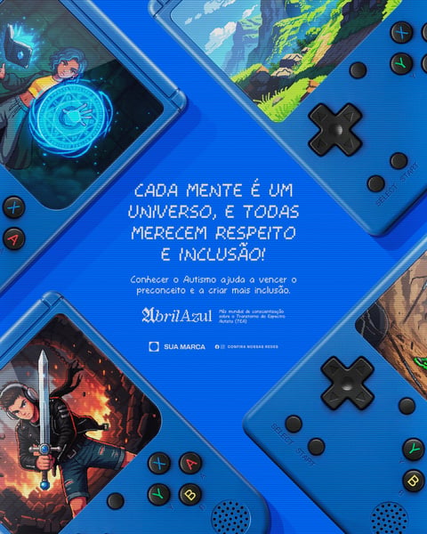 Campanha Abril Azul Conscientização Espectro Autista TEA Social Media e Mockup Gameboy PSD Editável