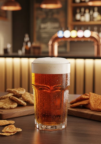 Copo de cerveja artesanal âmbar com espuma em pub aconchegante