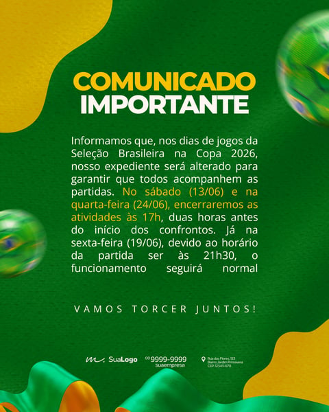 COMUNICADO DE HORÁRIO JOGOS DO BRASIL COPA 2026 PSD EDITÁVEL