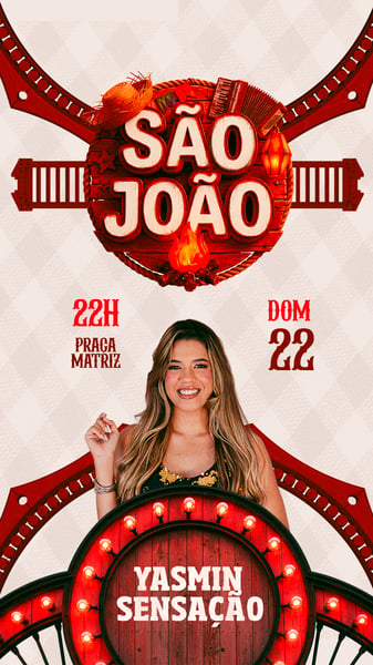 FLYER EVENTO SÃO JOÃO YASMIN SENSAÇÃO STORY 2026 PSD EDITÁVEL