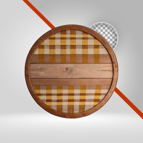 CÍRCULO DE MADEIRA COM PANO AMARELO PARA SÃO JOÃO, ELIPSE 3D, ELEMENTO PNG PARA TEXTO, ARRAIA, COMIDA TÍPICAS, MESA, 3D