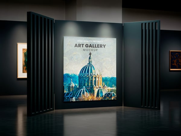 NOR GALERIA DE ARTE MOCKUP PAREDE MOLDURA PINTURA EXPOSIÇÃO ILUMINAÇÃO DECORAÇÃO PSD