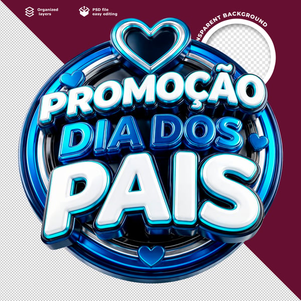 BADGE 3D PROMOÇÃO DIA DOS PAIS AZUL NEON BRILHANTE COM CORAÇÃO E EFEITOS GLITTER