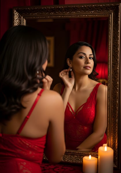 Linda mulher olhando para o espelho dia da mulher 02