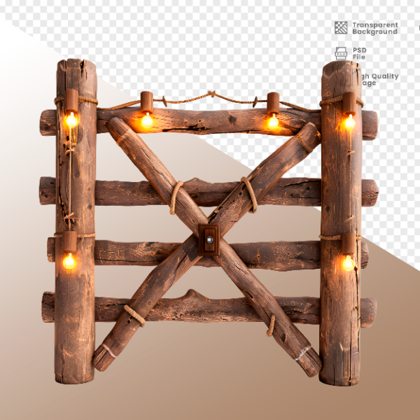 CERCA DE MADEIRA COM LUZ - ELEMENTO 3D PARA COMPOSIÇÃO - WOOD