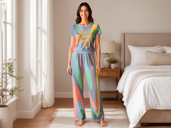 PIJAMA MOCKUP NO QUARTO MODELO DE FRENTE