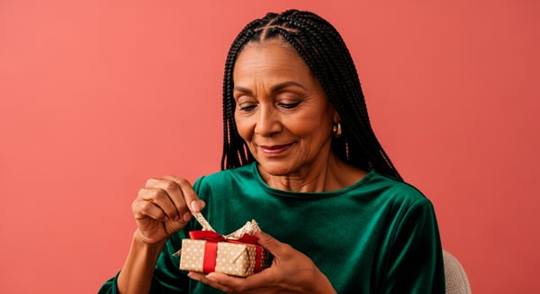 MULHER ABRINDO O PRESENTE PARA COMPOSIÇÃO