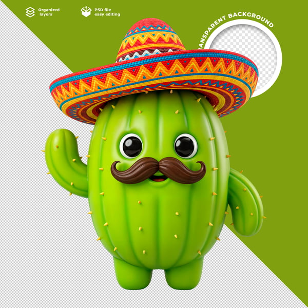 CUTE 3D MEXICAN CACTUS CHARACTER COM SOMBRERO E MUSTACHE FUN