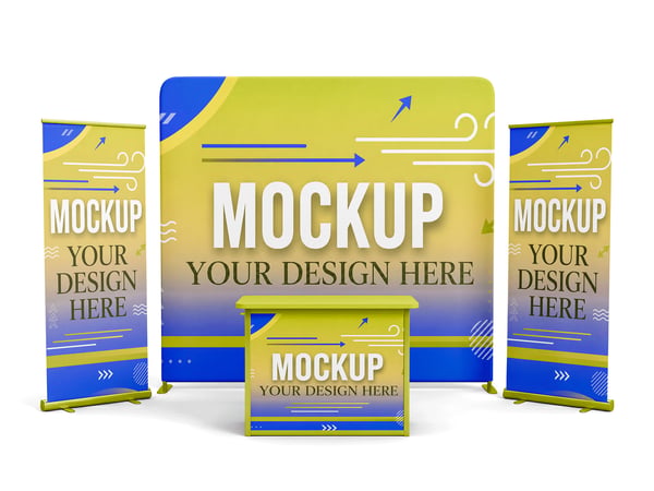 ESTANDE DE FEIRA MOCKUP EM SUPERFÍCIE NEUTRA DISPLAY E BANNERS