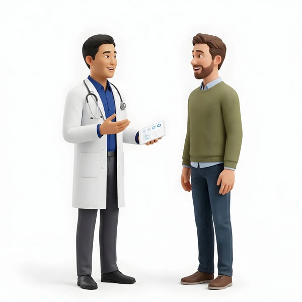 DOCTOR EXPLICANDO CONSELHO DE SAÚDE PACIENTE HOMEM
