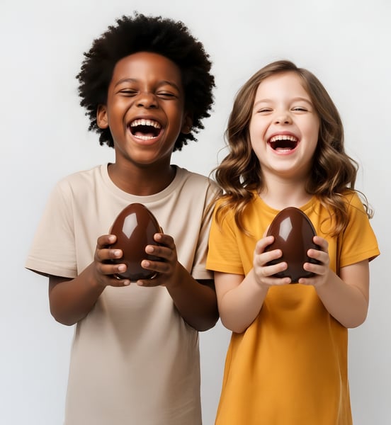 DUAS CRIANÇAS FELIZES SEGURANDO UM OVO DE PÁSCOA NAS MÃOS 01
