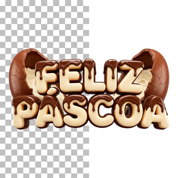 SELO 3D FELIZ PÁSCOA COM OVOS DE CHOCOLATE E CHOCOLATE ESCORRENDO EM PNG TRANSPARENTE