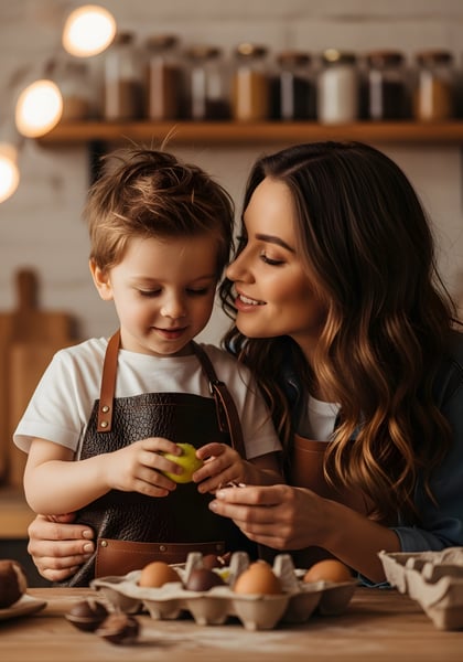 Mãe e filho na cozinha fazendo ovo de páscoa 02