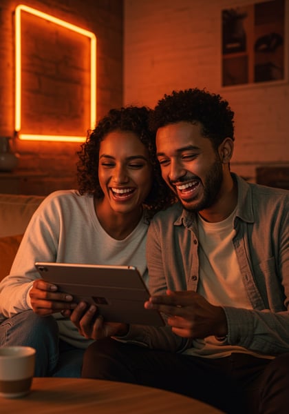 CASAL DIVERSO FELIZ RINDO ASSISTINDO CONTEÚDO NO TABLET EM CASA ACONCHEGANTE JOVEM HOMEM E MULHER MULTIÉTNICOS DESFRUTANDO DE ENTRETENIMENTO DIGITAL E CONEXÃO