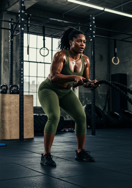 MULHER NEGRA FORTE EM TREINO INTENSO DE CORDA NAVAL NA ACADEMIA ATLETA FITNESS FOCADA E SUADA