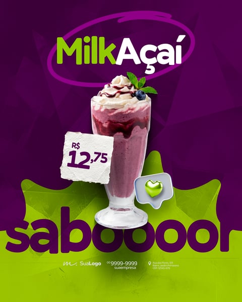 MILKSHAKE DE AÇAÍ COM CHANTILLY E BLUEBERRY MILKAÇAÍ BANNER REDES SOCIAIS PSD EDITÁVEL