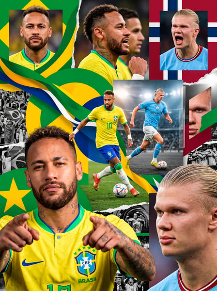 IMAGEM PARA COMPOSIÇÃO SELEÇÃO DO BRASIL X NORUEGA NEYMAR E HAALAND COPA DO MUNDO