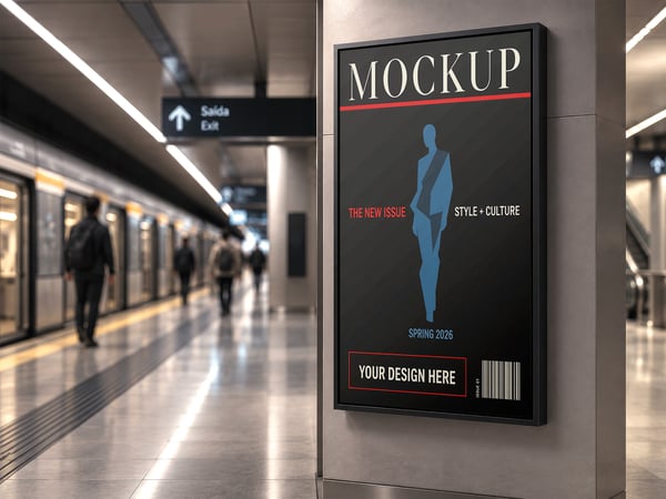 TELA DIGITAL MOCKUP NO METRO DISPLAY EM PAREDE ANGULAR