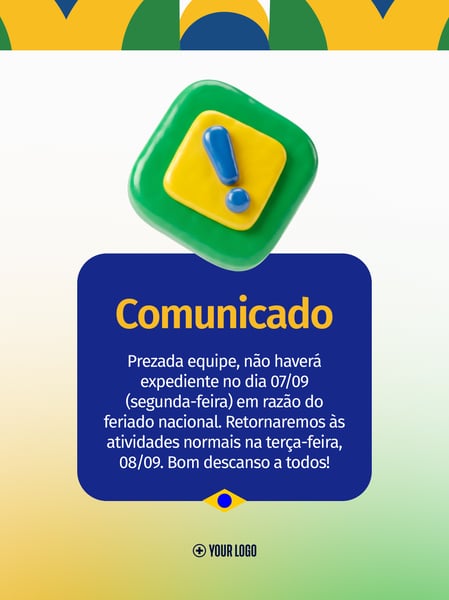 COMUNICADO FERIADO 07 09 NACIONAL SOCIAL MEDIA FLYER PSD EDITÁVEL