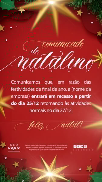 COMUNICADO DE NATAL AVISO ANÚNCIO RECESSO FERIADO SOCIAL MEDIA PSD EDITÁVEL STORY 18