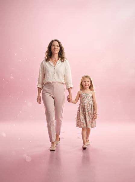 MÃE E FILHA DE MÃOS DADAS SOBRE UM FUNDO ROSA TOM PASTEL FELIZES