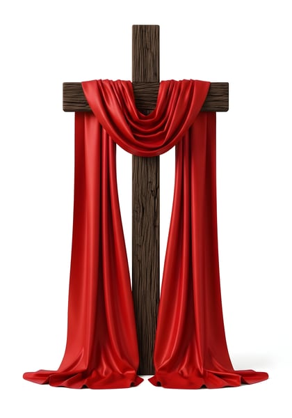 CRUZ DE MADEIRA COM UM TECIDO VERMELHO EM VOLTA DO TECIDO 01