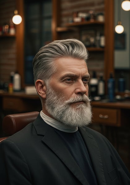 HOMEM BRANCO DE MEIA IDADE CABELO GRISALHO APÓS CORTE DE CABELO