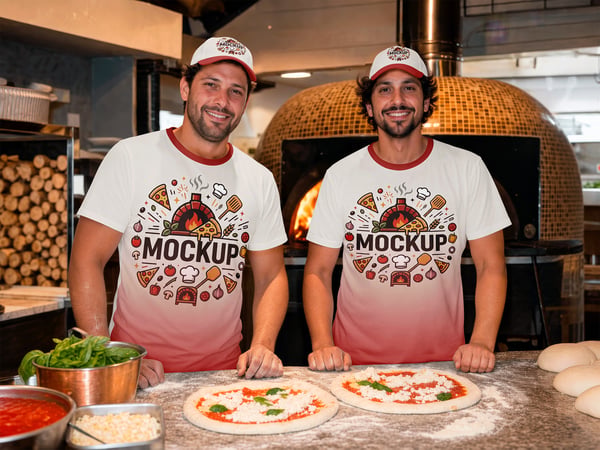 CAMISA MOCKUP EM COZINHA DE PIZZARIA EQUIPE AO FUNDO