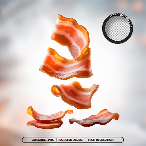 3D RENDER FATIAS PEDAÇOS DE BACON CARNE ELEMENTO ÍCONE PSD PNG