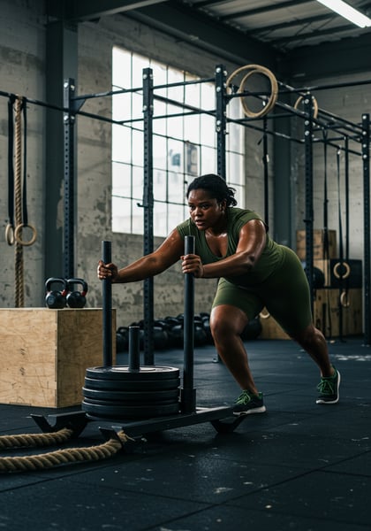 MULHER ATLETA FOCADA EMPURRANDO TREM DE PESO EM TREINO DE FORA INTENSO NO GINÁSIO