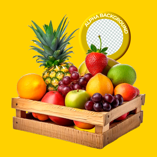 ELEMENTO CAIXOTE COM FRUTAS PARA COMPOSIÇÃO PNG TRANSPARENTE SEM FUNDO