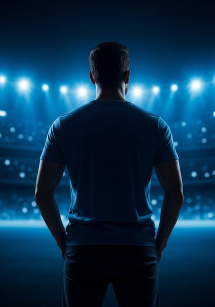 HOMEM DE COSTAS EM ESTÁDIO ILUMINADO POR LUZES AZUIS SILHUETA ANTECIPAÇÃO ESPORTE SUCESSO PALCO