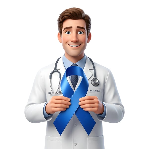 DOCTOR HOLDING BLUE MENS HEALTH AWARENESS RIBBON