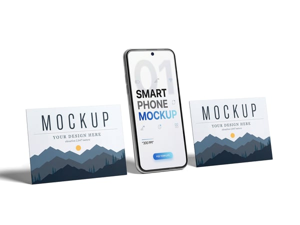 SMARTPHONE E CARTÕES MOCKUP EM SUPERFÍCIE NEUTRA COMPOSIÇÃO FRONTAIS