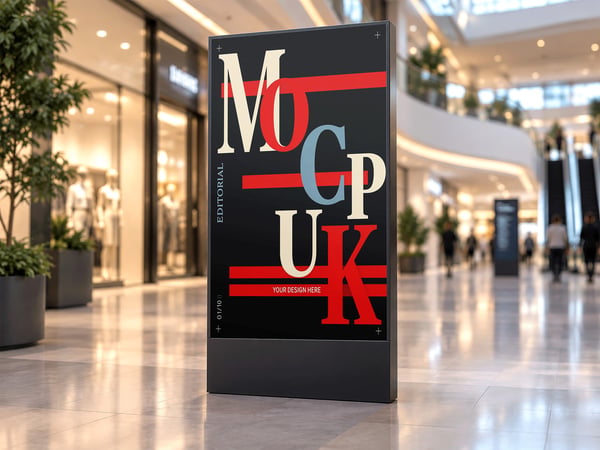 TELA DIGITAL MOCKUP EM SHOPPING VISTA EM PERSPECTIVA