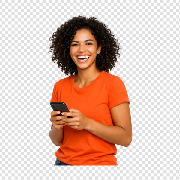 MULHER COM ROUPA LARANJA SEGURANDO UM CELULAR 02