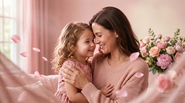 IMAGEM PARA COMPOSIÇÃO CINEMATOGRÁFICA MÃE ABRAÇANDO A FILHA FELIZES SORRINDO EM UM CENÁRIO BELO