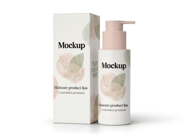FRASCO COSMÉTICO COM PUMP MOCKUP EM EMBALAGEM VISTA FRONTAL
