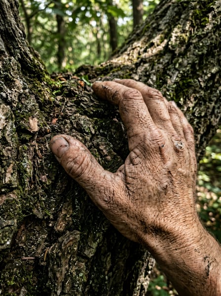 MAO TOCANDO TRONCO ÁRVORE CONEXÃO NATUREZA