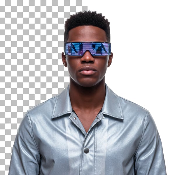 HOMEM NEGRO COM ROUPA DE CARNAVAL E ÓCULOS TECNOLÓGICO EM PNG TRANSPARENTE