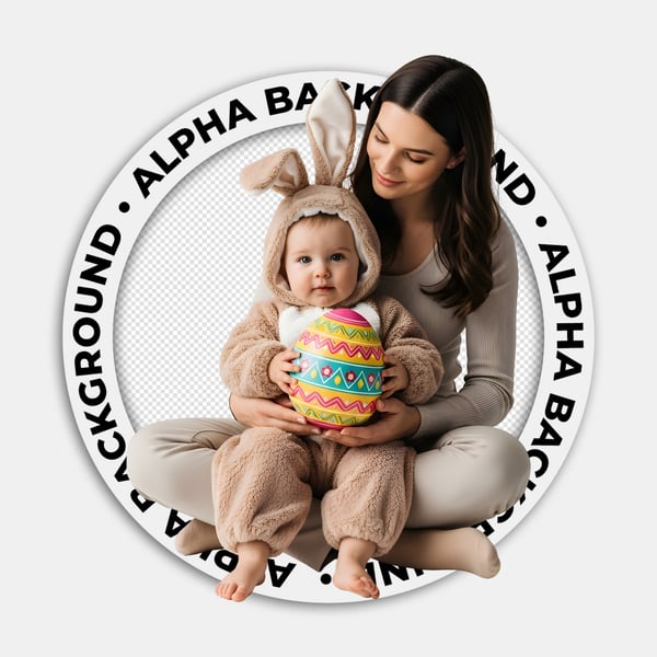 CRIANÇA NO COLO DA MÃE COM UMA FANTASIA DE COELHINHO DA PÁSCOA SENTADA SEGURANDO UM OVO DA PÁSCOA 02