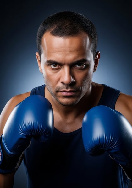 BOXEADOR MASCULINO FOCADO E DETERMINADO COM LUVAS AZUIS PRONTO PARA LUTAR